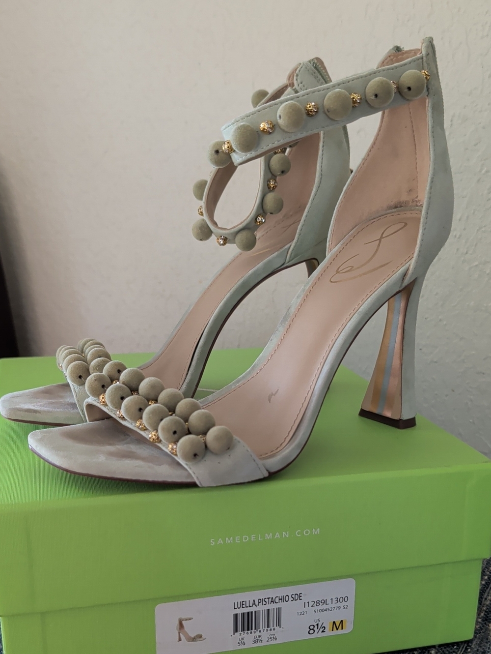 Sam Edelman Pistachio Beaded Ankle-Strap Heels